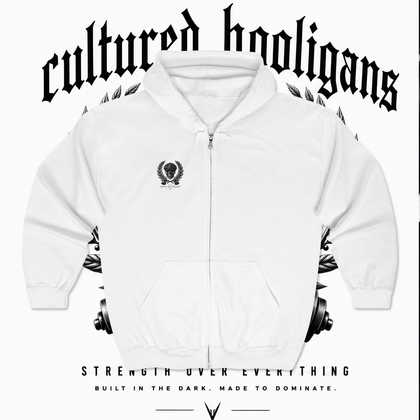 Cultured Hooligans Zip Hoodie — Skull Laurel Full‑Zip Sweatshirt